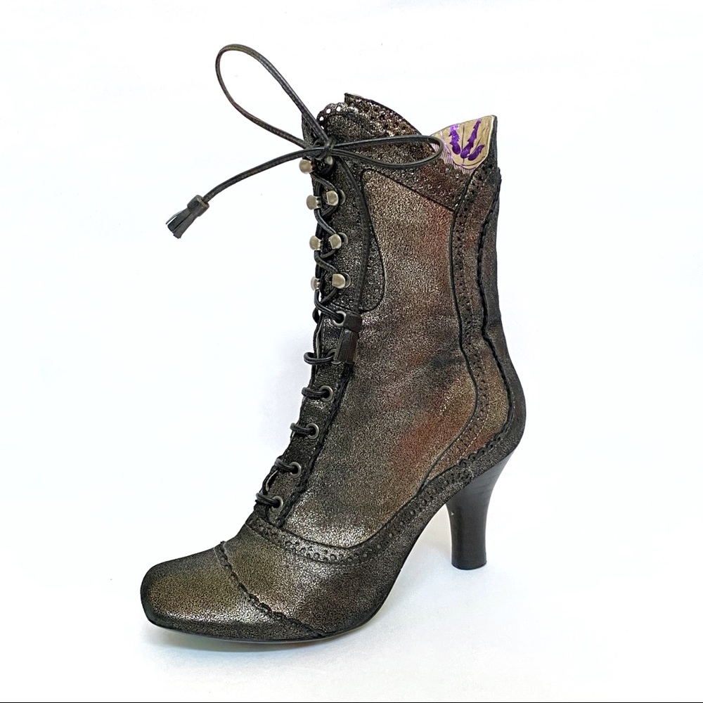 Irregular choice gold glittery black leather lace up cone heel boots